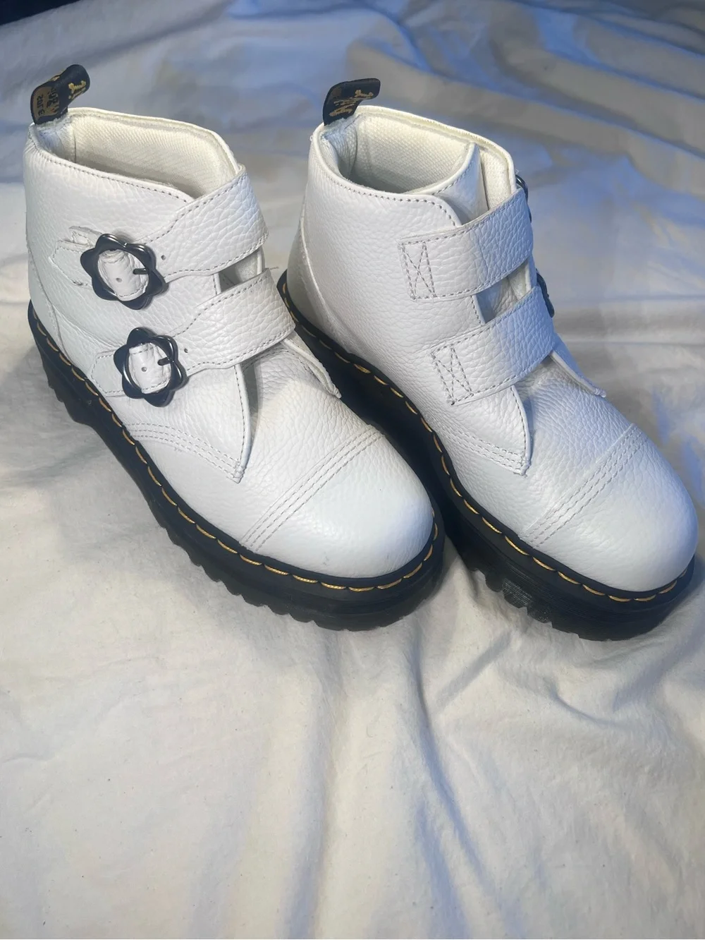 Dr. Martens White Devon Flower Buckle Platform Boots NWOT